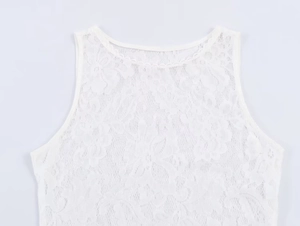 Detailed view of the intricate floral lace pattern and round neckline on a sleeveless top