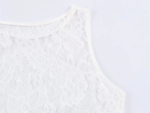 Close-up of white floral embroidery lace fabric showing refined hollow out craftsmanship