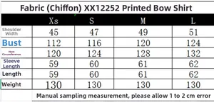 Detailed size chart for floral bow chiffon blouse showing measurements in centimeters