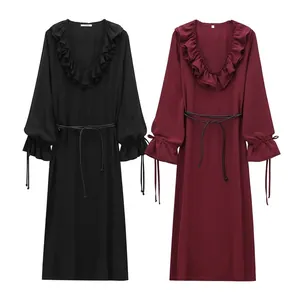 Robe Longue Sexy Vintage pour Femmes avec Col en V et Volants Cordon de Serrage Manches Longues Ceinturée Élégante