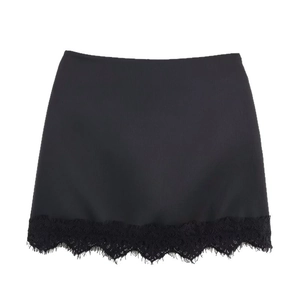Women black A-line mini skirt with elegant eyelash lace hem trim on white background