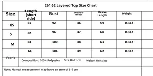Tableau des tailles pour haut superposé asymétrique à manches longues de XS à L