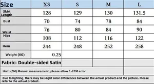 Detailed size chart for satin dress showing XS to L measurements in centimeters