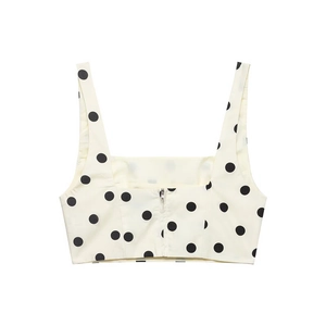 Chic off-white polka dot crop top with wide straps and back metal zipper detail