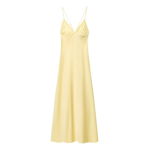 Women's Sexy V-Neck Satin Maxi Cami Dress Ruched Chest Spaghetti Strap A-Line Elegant Summer Party Dress Lemon Yellow