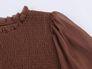 Detailed macro shot of smocked texture and sheer chiffon sleeves on a vintage blouse