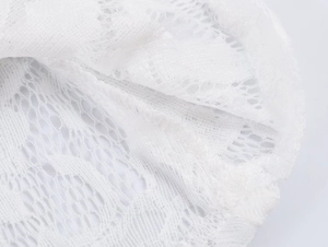 Detailed macro shot of elegant white lace fabric with intricate floral crochet patterns