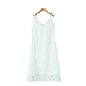 Women's white vintage V-neck lace slip dress with bow straps and floral embroidery