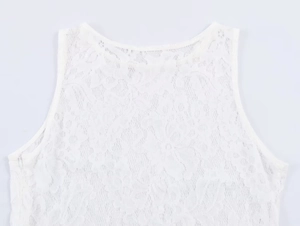 Close-up of white floral lace detail with round neck and invisible zipper on a dress