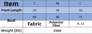 Size chart table for loose pullover knit top showing front length and bust measurements