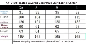 Detailed size chart for the layered ruffle chiffon blouse including shoulder and bust specs