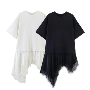 Women Casual Loose Round Neck Short Sleeve T-Shirt With Asymmetric Lace Patchwork Hem Fashion Streetwear Top