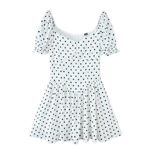 Damen Französisch Vintage Polka Dot Minikleid Puffärmel Herz Ausschnitt Slim Fit Hohe Taille Elegant Casual Party Kleid