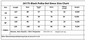 Detailed size chart for black polka dot dress showing measurements and fabric specs