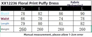 Guide des tailles pour robe courte à fleurs avec mesures du buste de la taille et longueur