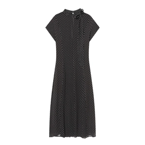 Women Polka Dot Midi A-Line Dress With Bow Tie Neck Short Sleeve Elegant High Waist Slim Fit Polyester Summer Party Dress