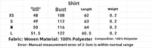 Detailed size chart for puff sleeve blouse featuring XS to L measurements and fabric info