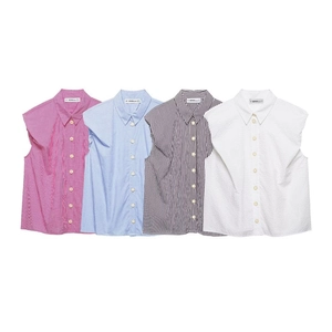 Sleeveless button-down blouses with ruffle sleeves in plaid, stripes, and white texture