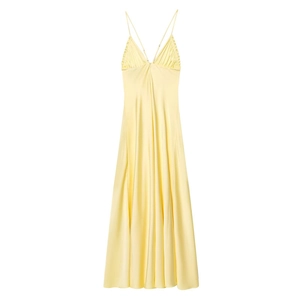 Elegant pale yellow satin maxi dress with thin straps and ruffled chest detail