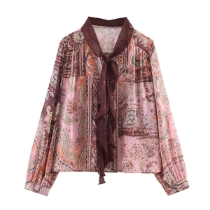 Women Boho Paisley Floral Print Long Sleeve Tie Neck Chiffon Blouse Elegant Bow Collar Loose Shirt Casual Spring Top