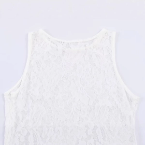 Elegant sleeveless white floral lace top with round neck and side invisible zipper