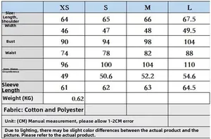 Detailed size chart for women casual blazer including length, bust, and sleeve measurements