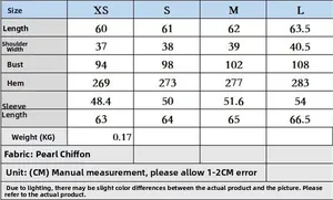 Detailed size chart for women long sleeve chiffon shirt including length and chest dimensions