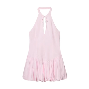 Robe Boule Rose Sexy à Col Halter Plissé avec Découpe Mini Robe Sans Manches Style Occidental pour Fête Clubwear Femme Été