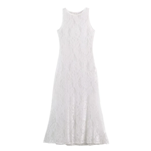 Elegant white sleeveless lace maxi dress with slim fit and A-line silhouette