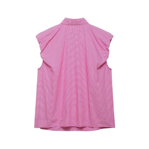Detail view of pink gingham sleeveless top featuring ruffle sleeves and back pleat detail