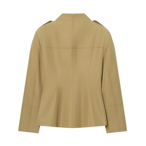 Detailed back view of khaki blazer featuring epaulettes and professional stitching
