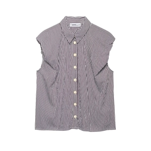 Detail of pinstripe sleeveless shirt featuring crisp collar and brand neck label