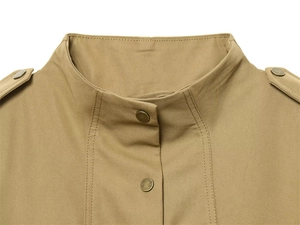 Detail of khaki jacket showing stand collar, epaulettes and vintage metal snap buttons