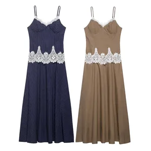 Women Casual Striped Slip Maxi Dress White Lace Patchwork V Neck Sleeveless Slim Fit A-Line Long Dress Summer Vacation