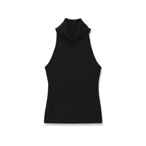 Flat lay of a black halter high-neck sleeveless knit sweater with subtle ribbed texture
