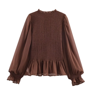 Elegant coffee brown chiffon long sleeve blouse with lace collar and smocking details