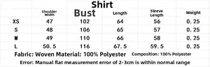 Size guide table for women's woven shirt detailing dimensions and material specifications