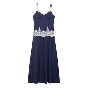 Navy blue pinstripe A-line slip dress with delicate white lace trim and V-neckline