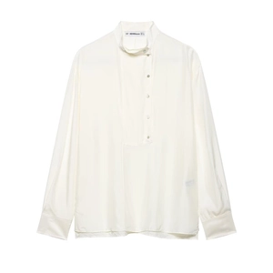 Elegant Cream Satin Blouse Women Stand Collar Side Opening Long Sleeve Shirt Solid Color Silky Office Lady Casual Top