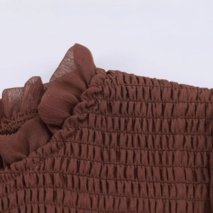 French vintage smocked blouse with ruffled collar and long sleeves in dark brown coffee color