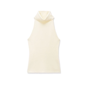 Detail view of cream sleeveless halter neck knit top with stylish high collar design