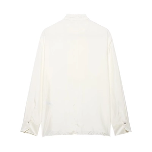 Back view of a pure silk cream-colored long-sleeve shirt with elegant satin finish