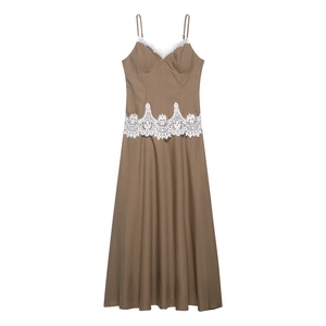 Brown striped summer slip dress featuring white lace patchwork and a flattering A-line silhouette