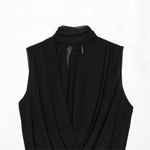 Women's black sleeveless top with pleated texture and stylish high-neck balloon design