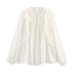 Women Elegant Ruffled Layered Chiffon Blouse Pleated Round Neck Long Sleeve Loose Casual Top With Gold Button Decoration