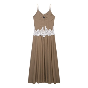 Bohemian striped maxi dress with lace waist patchwork and V-neckline styling