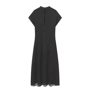Elegant black and white polka dot short sleeve midi dress with a high collar and A-line hem