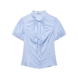 Camicetta Donna Blu Chiaro Manica Corta Con Fiocco Collo Increspato Abbottonata Camicia Popeline Casual Per Ufficio Quotidiano