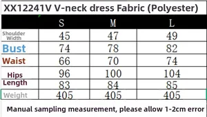 Detailed size chart for V-neck crepe dress featuring bust waist and hip measurements