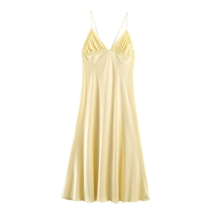 Abito Midi da Donna Sexy in Raso Giallo Pallido Con Spalline Sottili Scollo A V Pieghettato A Trapezio Elegante Estivo Schiena Scoperta